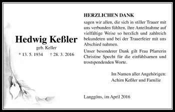 Traueranzeige von Hedwig Keßler von Gießener Allgemeine, Alsfelder Allgemeine