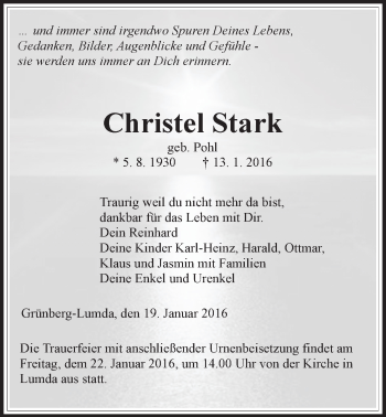Traueranzeige von Christine Maria Stark von Gießener Allgemeine, Alsfelder Allgemeine