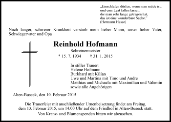 Traueranzeige von Reinhold Hofmann von Gießener Allgemeine, Alsfelder Allgemeine