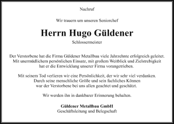 Traueranzeige von Hugo Güldener von Wetterauer Zeitung, Wetterauer Zeitung