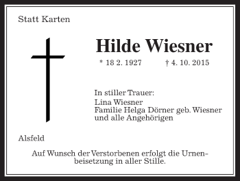 Traueranzeige von Hilde Wiesner von Alsfelder Allgemeine