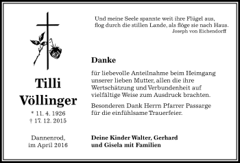Traueranzeige von Tilli Völlinger von Alsfelder Allgemeine