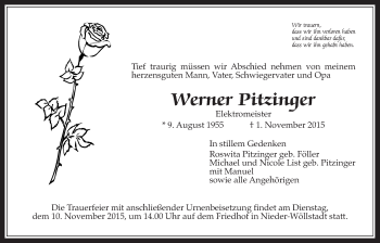 Traueranzeige von Werner Pitzinger von Wetterauer Zeitung, Wetterauer Zeitung