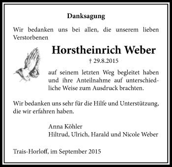 Traueranzeige von Horstheinrich Weber von Licher Wochenblatt, Licher Wochenblatt, Licher Wochenblatt