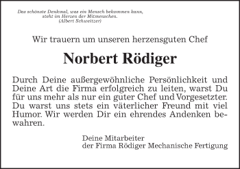 Traueranzeige von Norbert Rödiger von Gießener Allgemeine, Alsfelder Allgemeine, Wetterauer Zeitung, Wetterauer Zeitung
