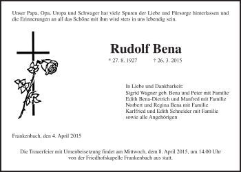 Traueranzeige von Rudolf Bena von Gießener Allgemeine, Alsfelder Allgemeine