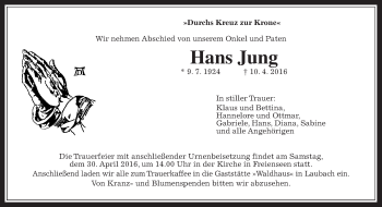 Traueranzeige von Hans Jung von Gießener Allgemeine, Alsfelder Allgemeine