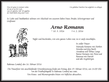 Traueranzeige von Arno Romann von Gießener Allgemeine, Alsfelder Allgemeine