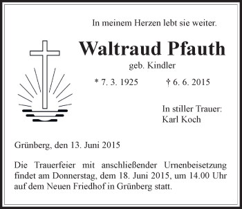 Traueranzeige von Waltraud Pfauth von Gießener Allgemeine, Alsfelder Allgemeine