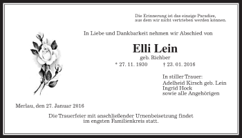 Traueranzeige von Elli Lein von Alsfelder Allgemeine