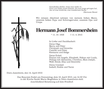 Traueranzeige von Hermann Josef Bommersheim von Wetterauer Zeitung, Wetterauer Zeitung