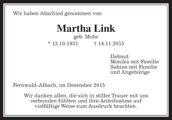 Traueranzeige von Martha Link von Gießener Allgemeine, Alsfelder Allgemeine
