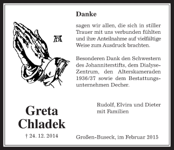 Traueranzeige von Greta Chladek von Gießener Allgemeine, Alsfelder Allgemeine