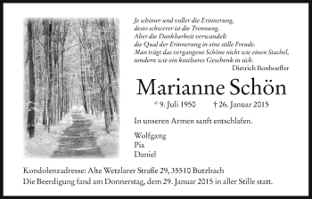 Traueranzeige von Marianne Schön von Wetterauer Zeitung, Wetterauer Zeitung