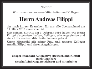 Traueranzeige von Andreas Filippi von Gießener Allgemeine, Alsfelder Allgemeine