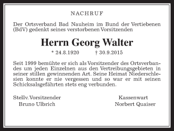 Traueranzeige von Georg Walter von Wetterauer Zeitung, Wetterauer Zeitung
