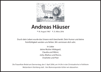 Traueranzeige von Andreas Häuser von Gießener Allgemeine, Alsfelder Allgemeine