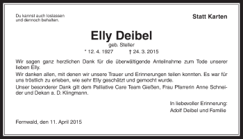 Traueranzeige von Elly Deibel von Gießener Allgemeine, Alsfelder Allgemeine