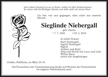 Traueranzeige von Sieglinde Niebergall von Gießener Allgemeine, Alsfelder Allgemeine