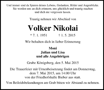 Traueranzeige von Volker Nikolai von Gießener Allgemeine, Alsfelder Allgemeine