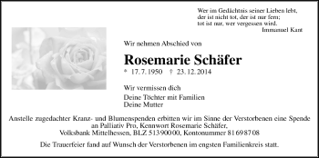 Traueranzeige von Rosemarie Schäfer von Giessener Allgemeine, Alsfelder Allgemeine