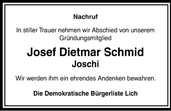Traueranzeige von Josef Dietmar Schmid von Licher Wochenblatt, Licher Wochenblatt, Licher Wochenblatt