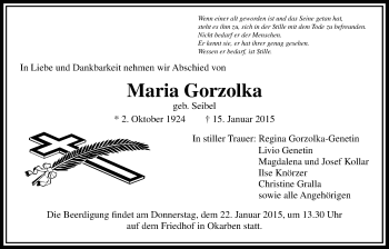 Traueranzeige von Maria Gorzolka von Wetterauer Zeitung