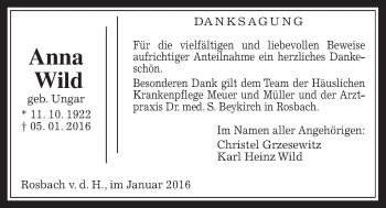 Traueranzeige von Anna Wild von Wetterauer Zeitung, Wetterauer Zeitung