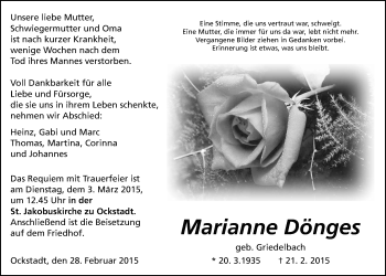 Traueranzeige von Marianne Dönges von Wetterauer Zeitung, Wetterauer Zeitung