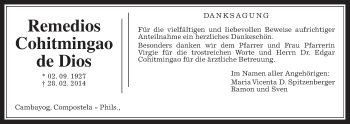 Traueranzeige von Remedios  Cohitmingao de Dios von Wetterauer Zeitung, Wetterauer Zeitung