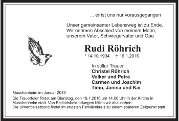 Traueranzeige von Rudi Röhrich von Gießener Allgemeine, Alsfelder Allgemeine