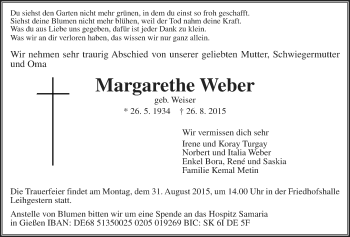 Traueranzeige von Margarethe Weber von Gießener Allgemeine, Alsfelder Allgemeine