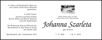 Traueranzeige von Johanna Szarleta von Wetterauer Zeitung, Wetterauer Zeitung