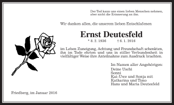 Traueranzeige von Ernst Deutesfeld von Wetterauer Zeitung, Wetterauer Zeitung
