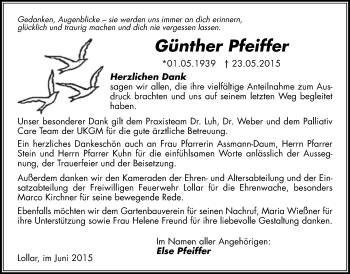 Traueranzeige von Günther Pfeiffer von Gießener Allgemeine, Alsfelder Allgemeine
