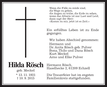 Traueranzeige von Hilda Rösch von Wetterauer Zeitung, Wetterauer Zeitung