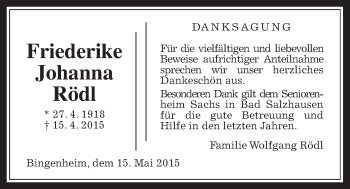 Traueranzeige von Friederike Johanna Rödl von Wetterauer Zeitung, Wetterauer Zeitung