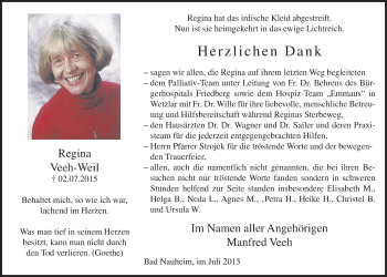 Traueranzeige von Regina Veeh-Weil von Wetterauer Zeitung, Wetterauer Zeitung