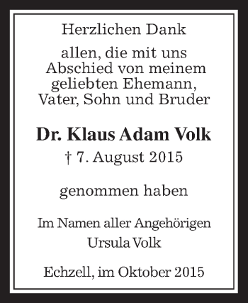 Traueranzeige von Klaus Adam Volk von Wetterauer Zeitung, Wetterauer Zeitung