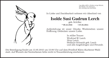 Traueranzeige von Isolde Susi Gudrun Lerch von Wetterauer Zeitung, Wetterauer Zeitung