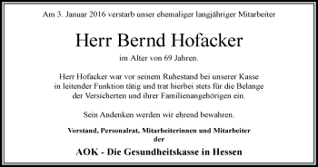 Traueranzeige von Bernd Hofacker von Wetterauer Zeitung, Wetterauer Zeitung