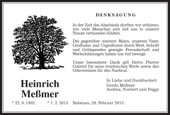Traueranzeige von Heinrich Meßner von Gießener Allgemeine, Alsfelder Allgemeine