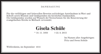 Traueranzeige von Gisela Schüle von Wetterauer Zeitung, Wetterauer Zeitung