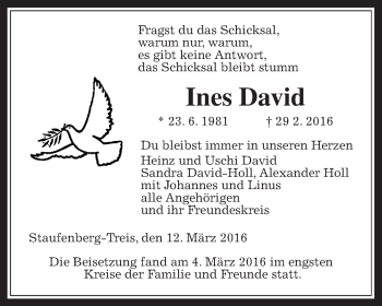 Traueranzeige von Ines David von Gießener Allgemeine, Alsfelder Allgemeine