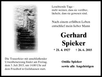 Traueranzeige von Gerhard Spieker von Gießener Allgemeine, Alsfelder Allgemeine