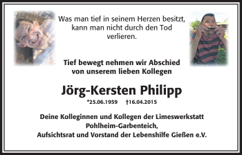 Traueranzeige von Jörg Kersten Philipp von Gießener Allgemeine, Alsfelder Allgemeine