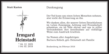 Traueranzeige von Irmgard Heinstadt von Wetterauer Zeitung, Wetterauer Zeitung