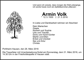Traueranzeige von Armin Volk von Gießener Allgemeine, Alsfelder Allgemeine