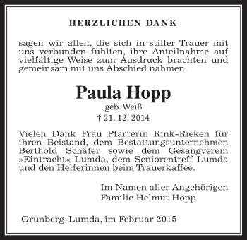 Traueranzeige von Paula Hopp von Gießener Allgemeine, Alsfelder Allgemeine