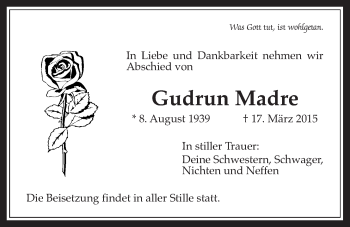 Traueranzeige von Gudrun Madre von Wetterauer Zeitung, Wetterauer Zeitung